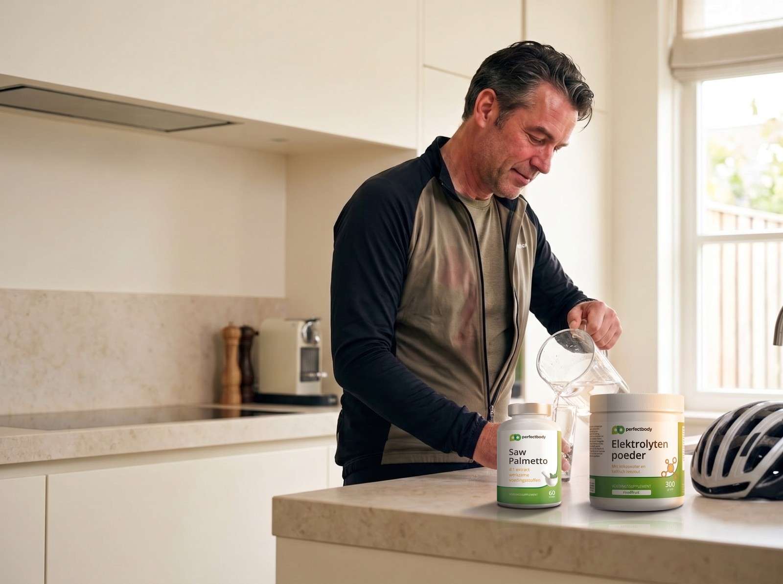Man schenkt een glas water in na het fietsen, met zijn potje Saw Palmetto en de bus Weight Loss Support Tropical op het aanrecht